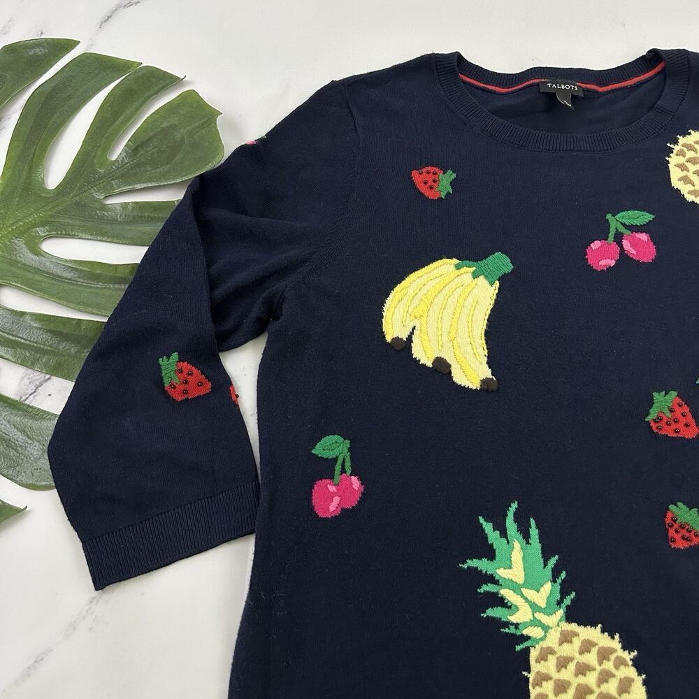 Talbots Fruit Print Knit Pullover Sweater Size L Blue Banana Cherry Strawberry - Picture 4 of 12